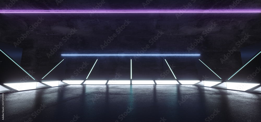 Fototapeta premium Futuristic Modern Sci Fi Dark Empty Spaceship Tunnel Corridor Room With Blue White Glowing Lights And Reflections With Blue Purple Neon Tubes Technology Concept 3D Rendering
