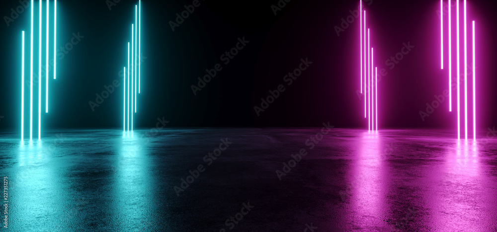 Empty Modern Sci Fi Futuristic Dark Room With Reflection Grunge Concrete Floor And Blue Purple Neon Glowing Electric Tube Shapes Lights With Black Background 3D Rendering