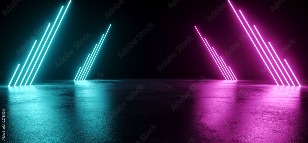 Empty Modern Sci Fi Futuristic Dark Room With Reflection Grunge Concrete  Floor And Blue Purple Neon Glowing Electric Tube Shapes Lights With Black  Background 3D Rendering Stock-Illustration | Adobe Stock