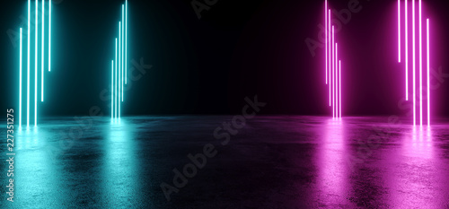 Fototapeta Naklejka Na Ścianę i Meble -  Empty Modern Sci Fi Futuristic Dark Room With Reflection Grunge Concrete Floor And Blue Purple Neon Glowing Electric Tube Shapes Lights With Black Background 3D Rendering
