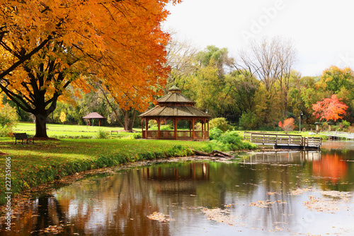 Midwest nature background with park view. Beautiful autumn landscape with colorful trees around the pond and wooden gazebo in a city park. Lakeview park, Middleton, Madison area, WI, USA.