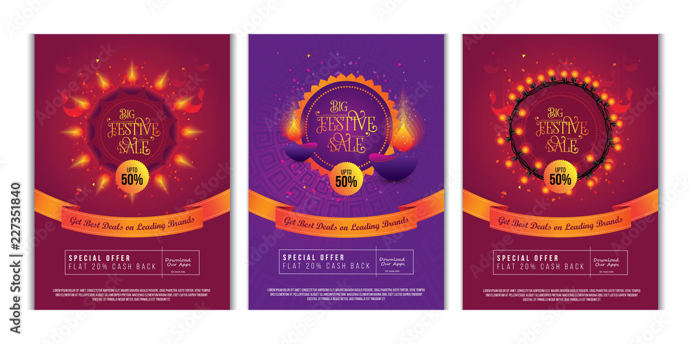 Diwali Festival Offer Poster Flyer Design Layout Template Set with 50% Discount Tag
