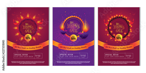 Diwali Festival Offer Poster Flyer Design Layout Template Set with 50% Discount Tag