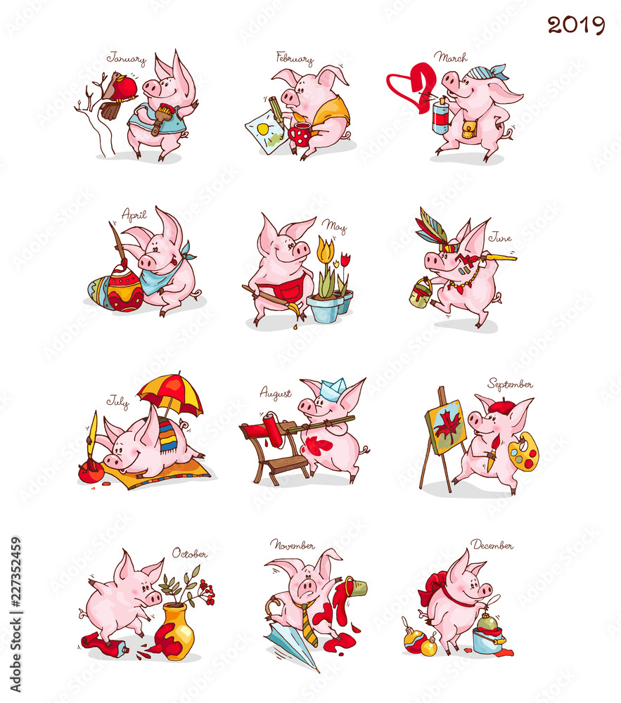 New Year. Calendar with pigs. Chinese New Year. 12 months with funny piglets. Pig is a symbol of the 2019