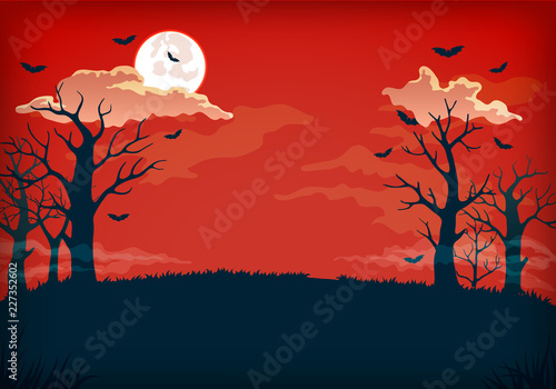 Spooky red and dark blue night background with full moon, clouds, bats and bare trees.