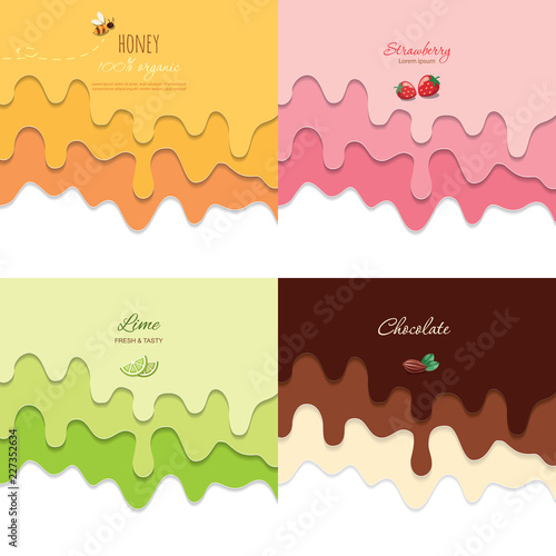 Melted flowing chocolate, strawberry, honey and lime syrup set. 3d paper cut out layers. Copy space for text.