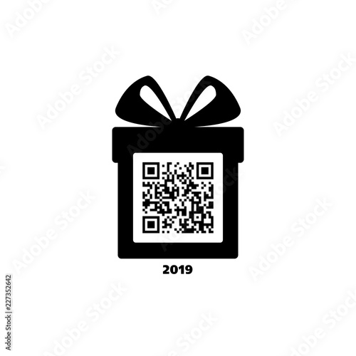 Merry Christmas and Happy New Year! Gift box with bow and greetings. Icon. Black and white. Vector QR code. 2019