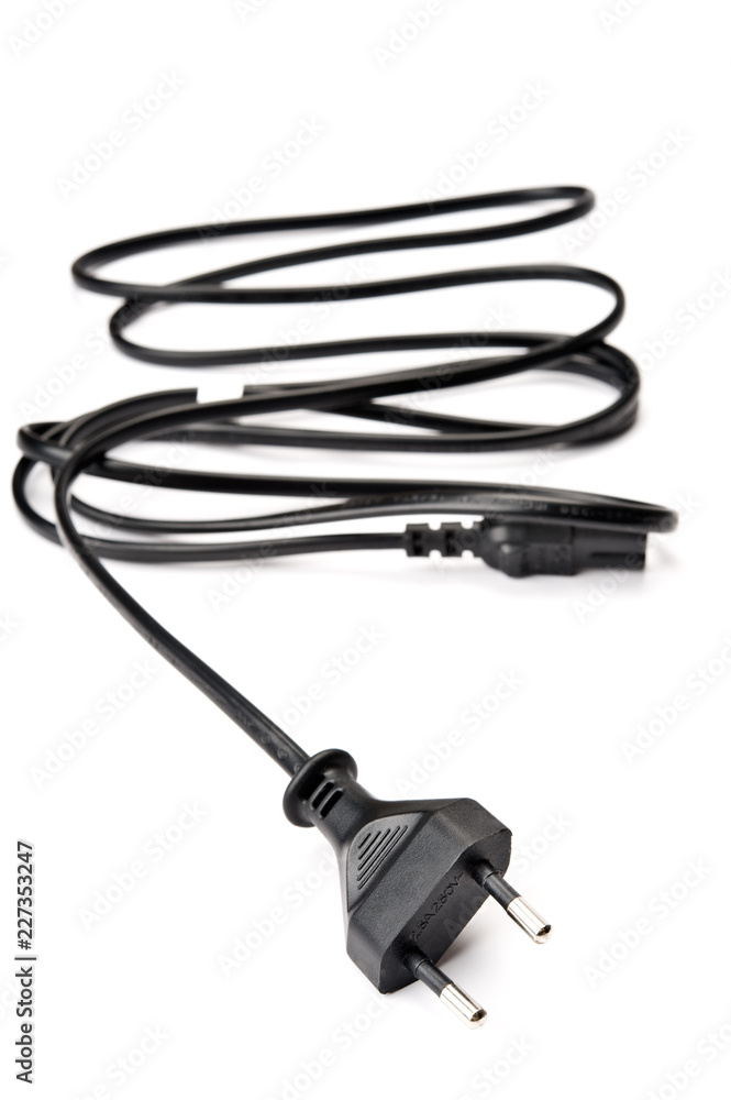 Electric cord with plug on white background.	