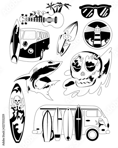 Main surfboard set retro car board shark waves and stuff black and white serfing.