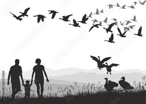 Young family and geese at the beginning of migration