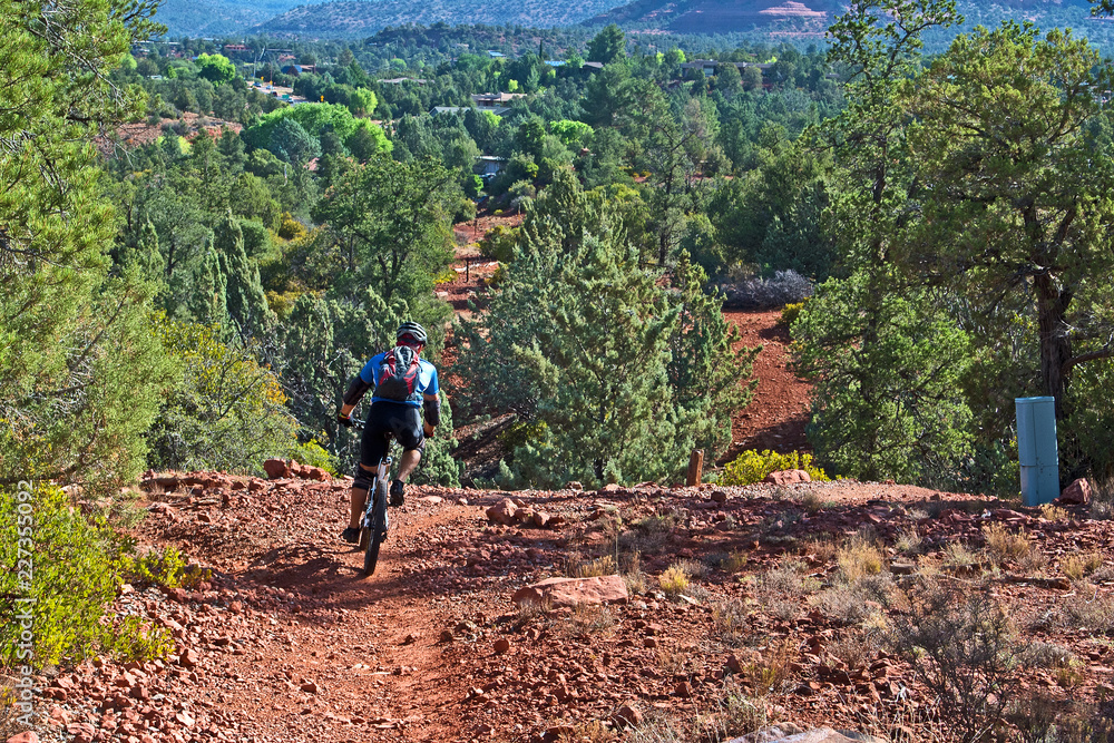 A mountain biker negotiates a turn in the Mystic Trail in Sedona, Arizona.