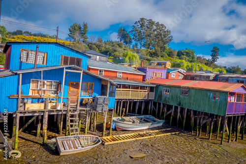 Houses on stilts palafitos in Castro, Chiloe Island, Patagonia