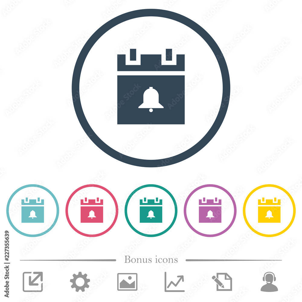 Schedule alarm flat color icons in round outlines