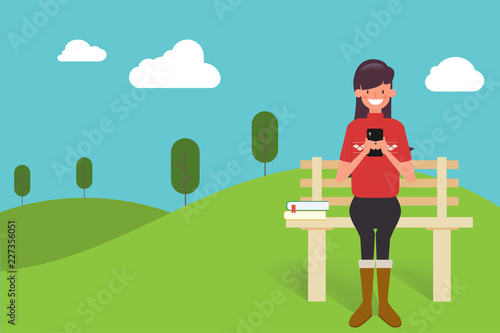 People with mobile chat in the park. Communicaton flat vector background. photo