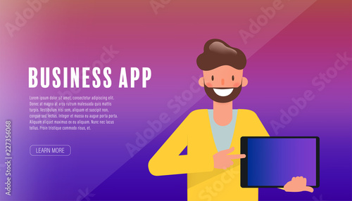 Businessman character presentation mobile app on tablet.
