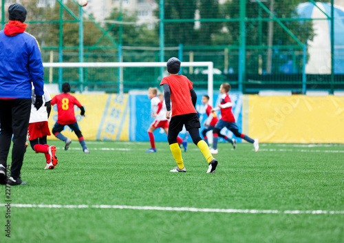 football teams - boys in red, blue, white uniform play soccer on the green field. boys dribbling. dribbling skills. Team game, training, active lifestyle, hobby, sport for kids concept © Natali