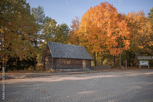 Old wooden house in autumn park. Sunny autumn day
