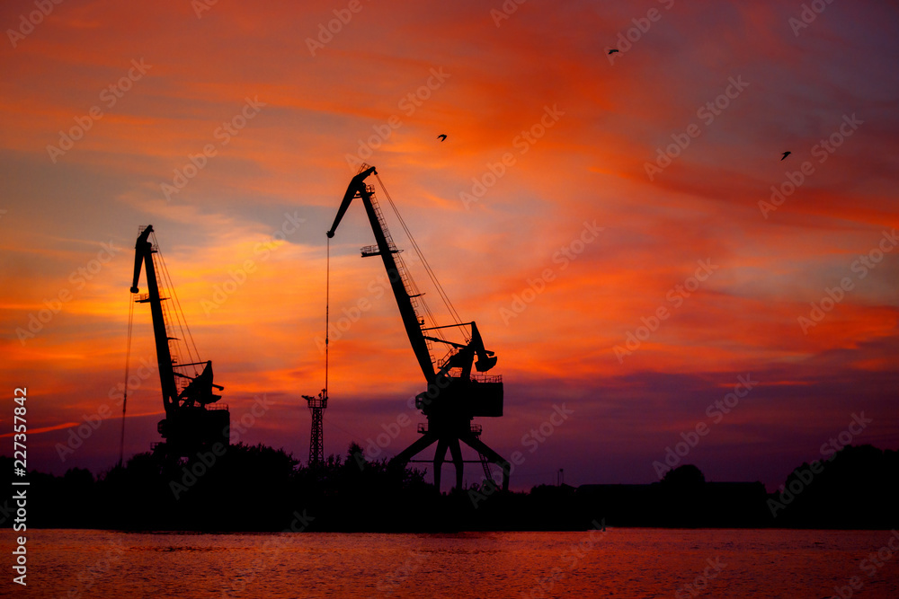 View on seaport with cranes at sunset. Evening panorama of the cargo port View on seaport with cranes at sunset. Evening panorama of the cargo port