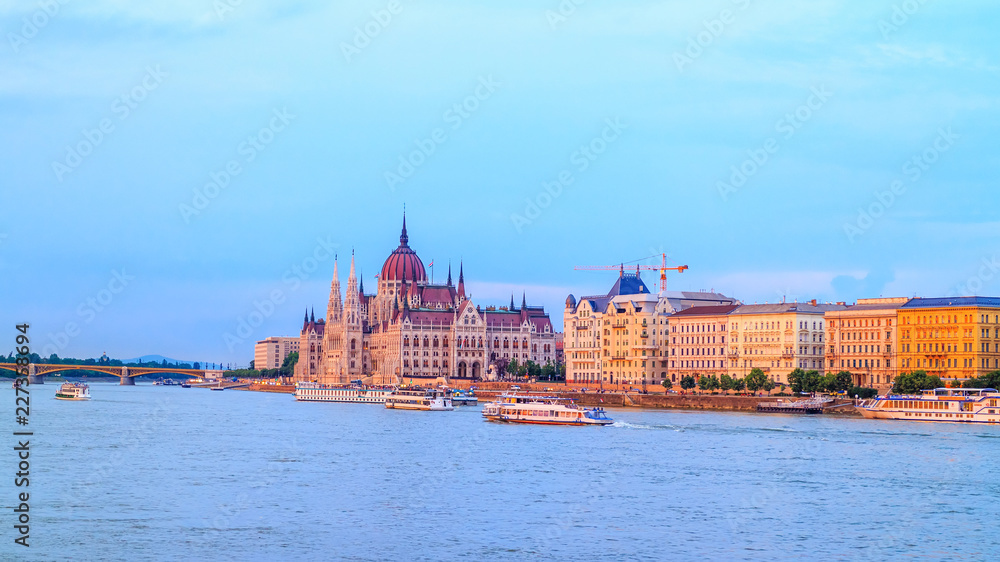 Hungarian Parliament Building on the bank of Danube river in the Budapest city