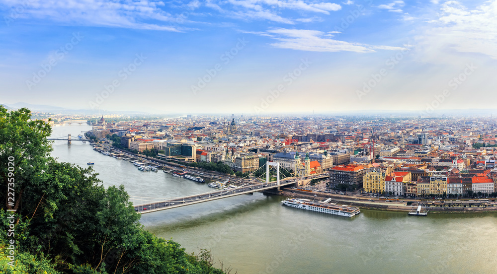 View from above on the Budapest city, historical district and Danube river in Hungary, panoramic view