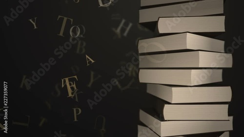 Animation rotation of stack of old books in library or home with flying letters. Books with leather covers and golden stripes. Animation of seamless loop. photo