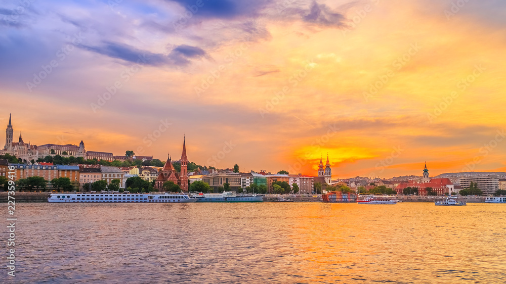 Colorful sunset over the historical district of Budapest city in Hungary