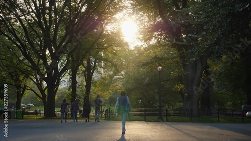 A slow motion view of people walking on The Mall in Central Park at sunset. Shot at 60fps.  	