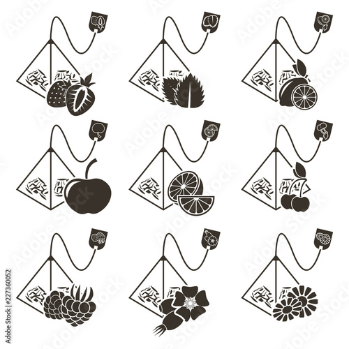 Set of 9 icons of tea bags-pyramids with different flavors of berries, fruits and herbs. Vector isolated logos on white background.