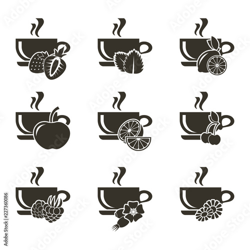 A set of 9 icons of cups of tea with different flavors of berries, fruits and herbs.