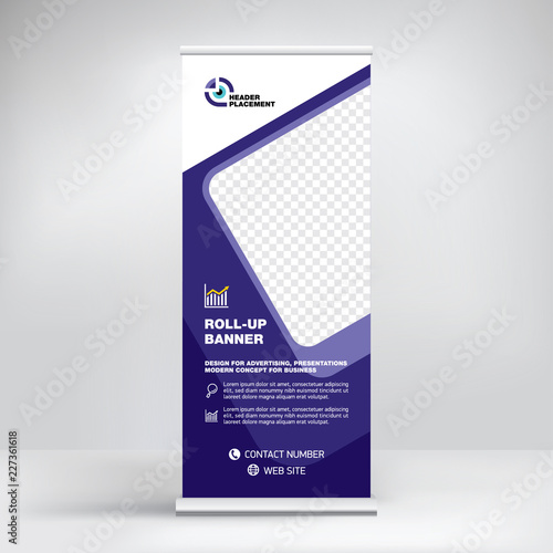 Roll-up design, modern graphic style, banner for advertising goods and services, stand for exhibitions, presentations, conferences, seminars. Abstract blue background. Template for photos and text.