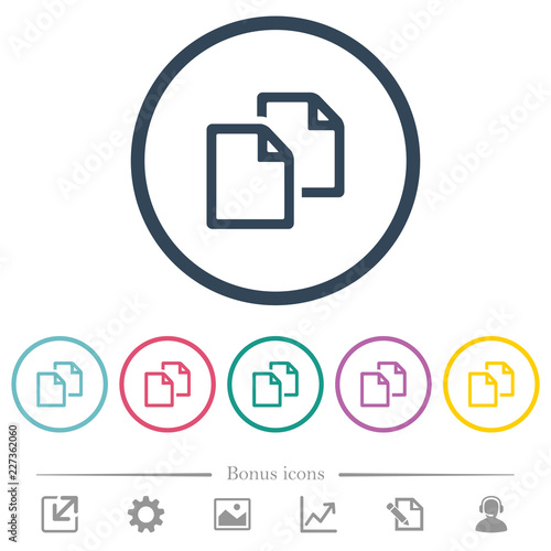 Copy document flat color icons in round outlines