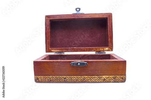 Wooden box on white isolated background
