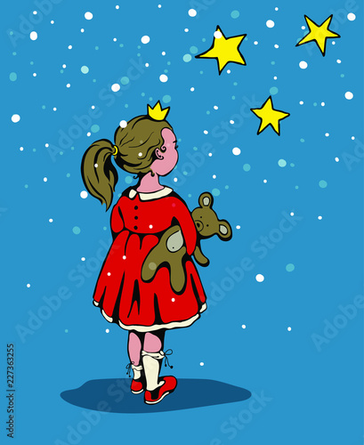 a little girl in red dress wearing a princess crown and holding a teddy bear in her hand looks at stars and snowflakes in blue night sky