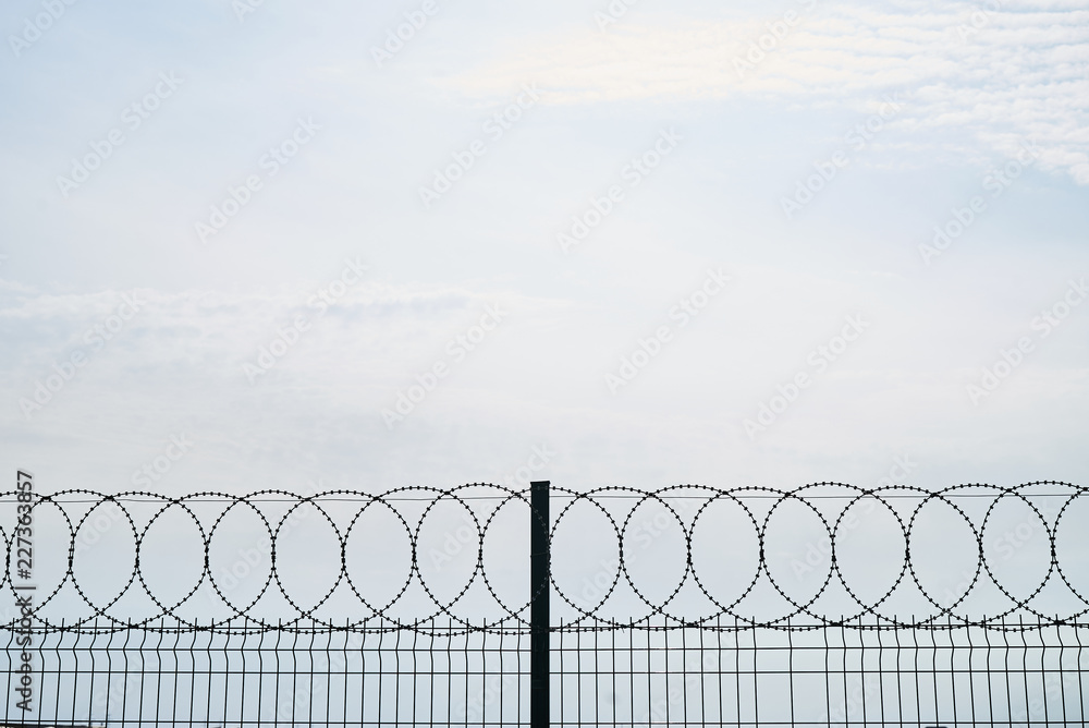 Barbed wire against cloudy sky, close-up. Metal fence with barbed wire, outdoors Barbed wire against cloudy sky, close-up. Metal fence with barbed wire, outdoors