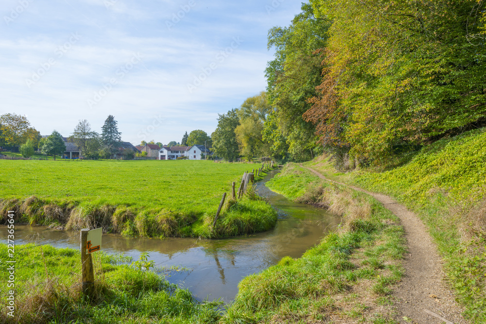 Trees in autumn colors along a stream in a meadow in sunlight at fall