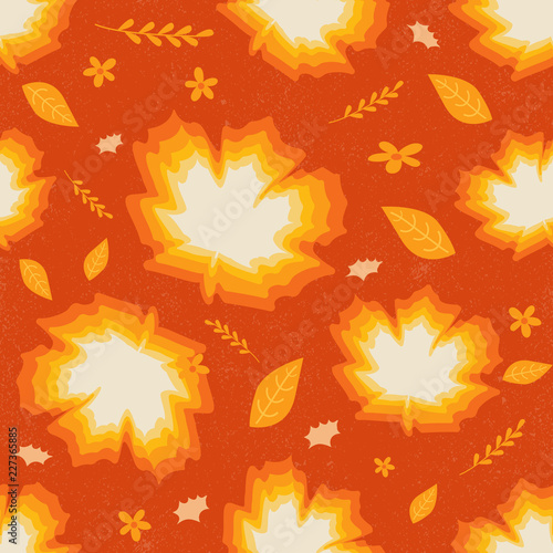 Seamless pattern with maple leaves and autumn flower Vector illustration in Orange, Beige, and Yellow. Perfect for wallpaper, gift paper, pattern fills, background, autumn greeting cards