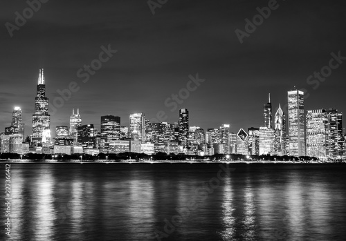 Black and White Chicago Skyline at Night
