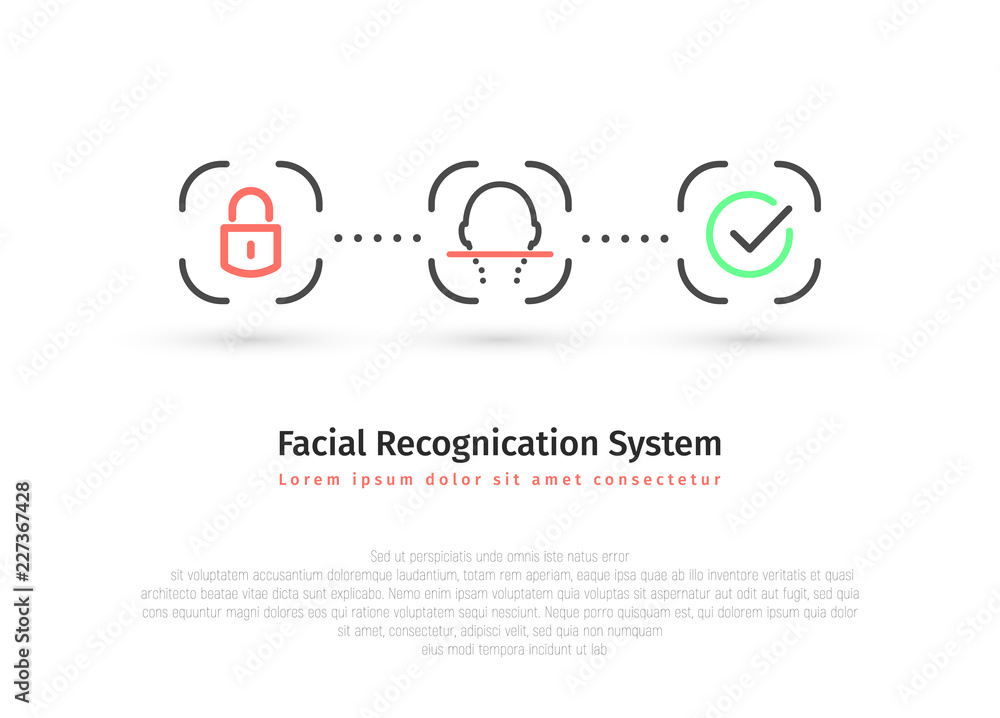 Visual infographics facial recognition system minimalistic design vector illustration. Face id isolated icon set