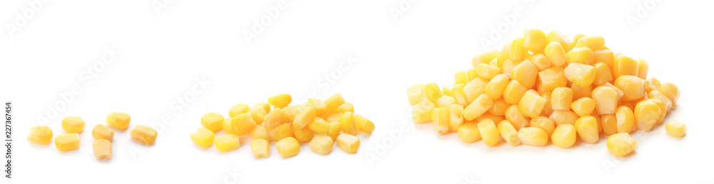 Set with sweet corn kernels on white background - obrazy, fototapety, plakaty 
