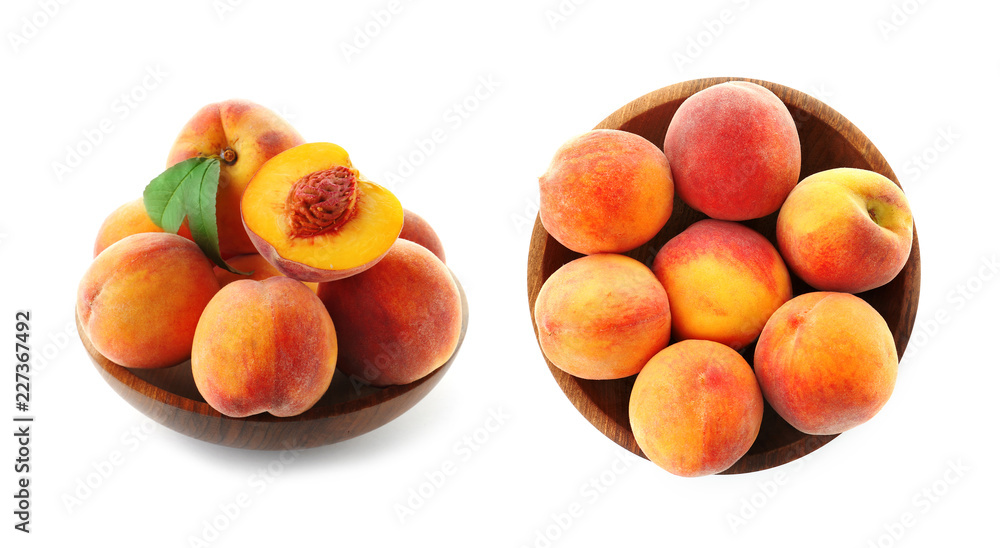 Set with juicy ripe peaches on white background