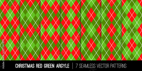 Christmas Red and Green Argyle Seamless Vector Patterns. Xmas Sweater Style Textile Prints. Classic Stockings Diamond Check Fabric Textures. Pattern Tile Swatches Included.