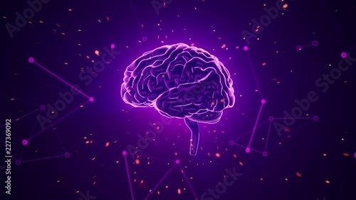 Animation of rotation human brain with flying data around. Animation of seamless loop.