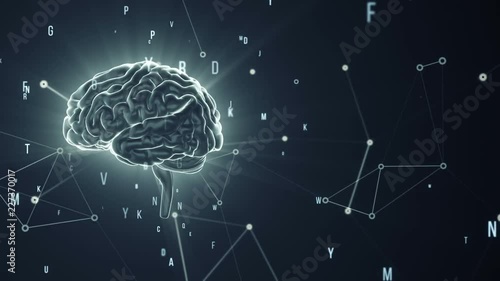Animation of rotation human brain with flying data around. Animation of seamless loop.