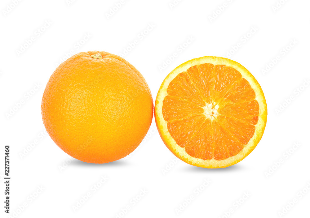 whole and half cut fresh Navel orange on white background