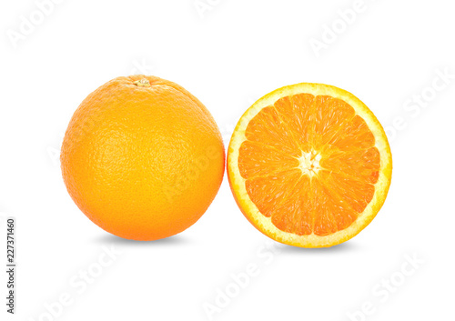 whole and half cut fresh Navel orange on white background