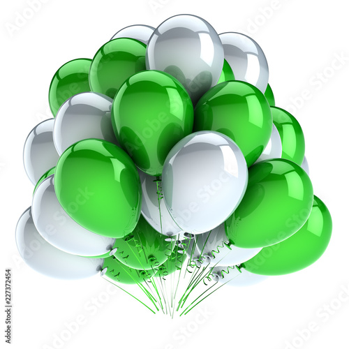 birthday balloons bunch white green. carnival, party decoration colorful. 3d rendering, isolated