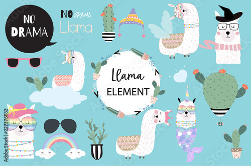 Blue hand drawn cute element with llamacorn, heart glasses,unicorn,rainbow and balloon.include wording No drama llama