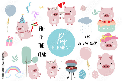 Pink hand drawn pig element with cake,barbecue,balloon,hat,cake,flower and rainbow.Pig of the year