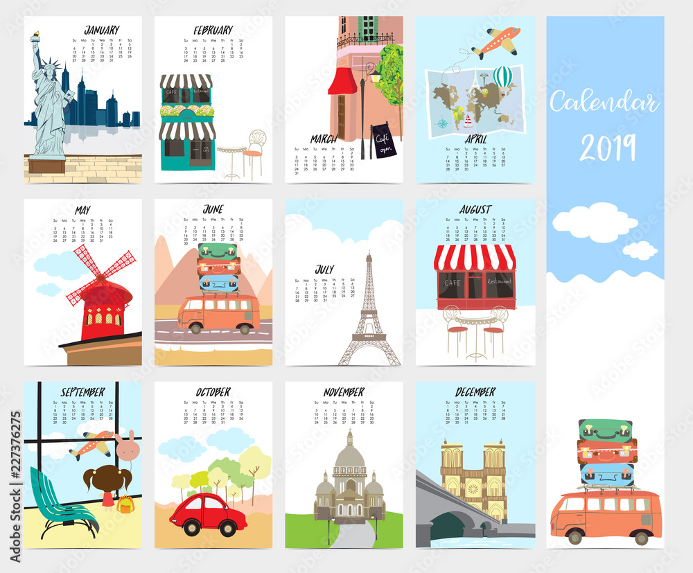 Cute monthly calendar 2019 with travel,vacation,van,air plane and Eiffel tower in france for children.Can be used for web,banner,poster,label and printable