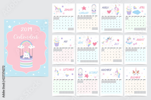 Cute rainbow monthly calendar 2019 with unicorn head star heart and rainbow.Can be used for web banner poster label and printable